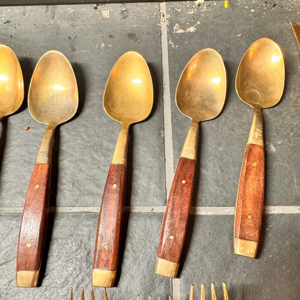 Vintage MCM Luxury Gold Tone Cutlery Rosewood Handles Serving Utensils 29pc‎ Set